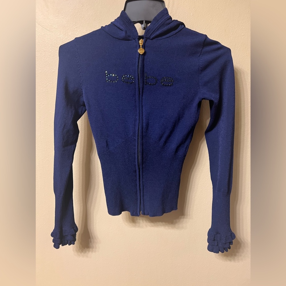 Bebe Logo Swarovski Crystal Sweater Hoodie Blue Small